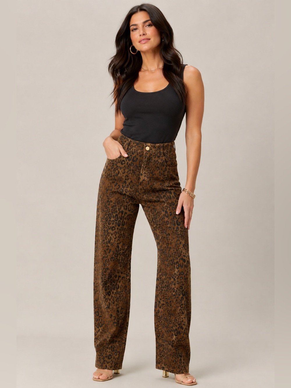 Rhinestone Leopard Print Women's wide Leg Jeans
